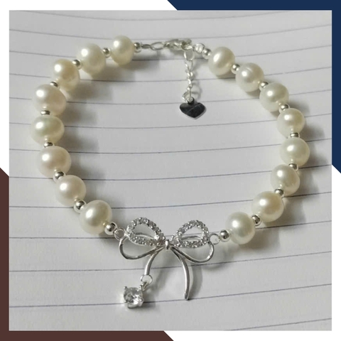 Vòng Tay Ngọc Trai Thật Phối Nơ Bạc VTNT35 - Biểu Tượng Của Duyên Dáng & Nữ Tính