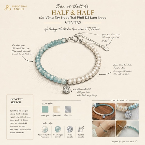 Vòng Tay Ngọc Trai Phối Đá Lam Ngọc VTNT62 – Thiết Kế Half & Half Tối Giản, Thanh Lịch Cho Nữ