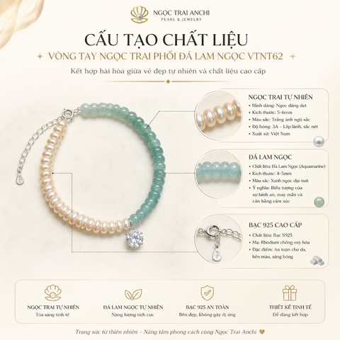 Vòng Tay Ngọc Trai Phối Đá Lam Ngọc VTNT62 – Thiết Kế Half & Half Tối Giản, Thanh Lịch Cho Nữ