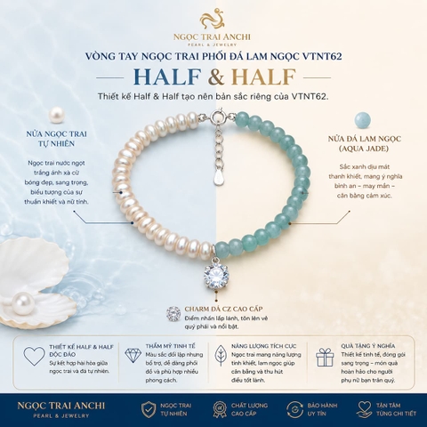 Vòng Tay Ngọc Trai Phối Đá Lam Ngọc VTNT62 – Thiết Kế Half & Half Tối Giản, Thanh Lịch Cho Nữ