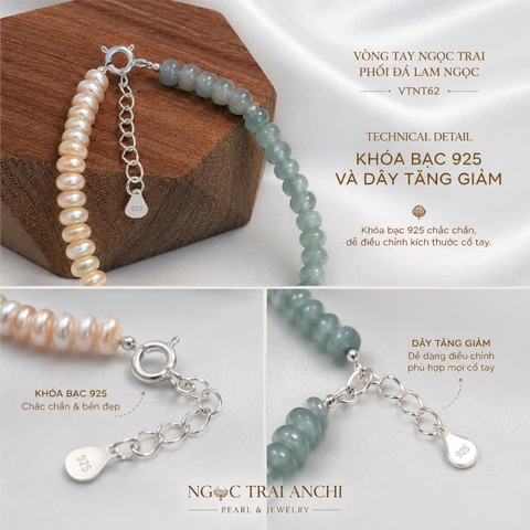 Vòng Tay Ngọc Trai Phối Đá Lam Ngọc VTNT62 – Thiết Kế Half & Half Tối Giản, Thanh Lịch Cho Nữ