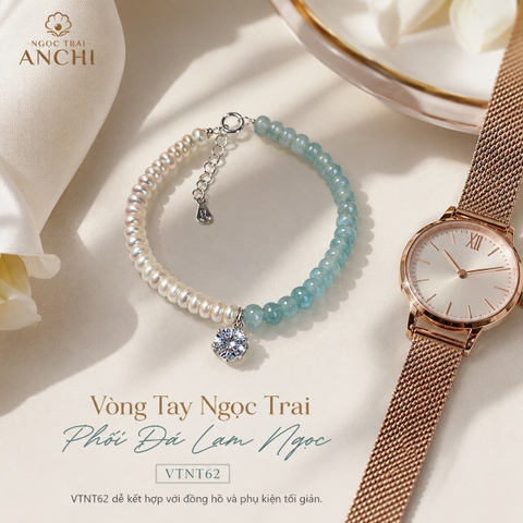 Vòng Tay Ngọc Trai Phối Đá Lam Ngọc VTNT62 – Thiết Kế Half & Half Tối Giản, Thanh Lịch Cho Nữ