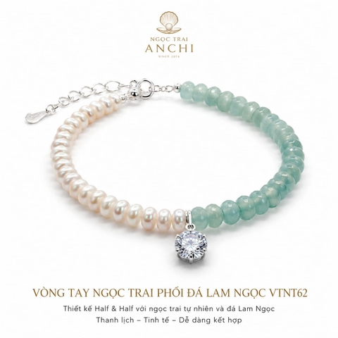 Vòng Tay Ngọc Trai Phối Đá Lam Ngọc VTNT62 – Thiết Kế Half & Half Tối Giản, Thanh Lịch Cho Nữ