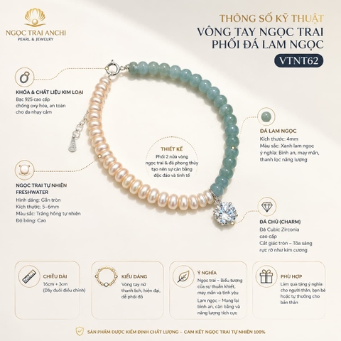 Vòng Tay Ngọc Trai Phối Đá Lam Ngọc VTNT62 – Thiết Kế Half & Half Tối Giản, Thanh Lịch Cho Nữ