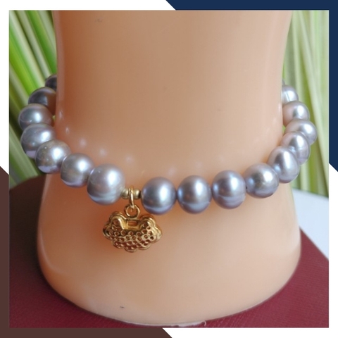 Vòng tay ngọc trai xám mix charm bạc mạ vàng, mẫu vòng tay ngọc trai đẹp cho nữ