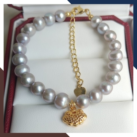 Vòng tay ngọc trai xám mix charm bạc mạ vàng, mẫu vòng tay ngọc trai đẹp cho nữ