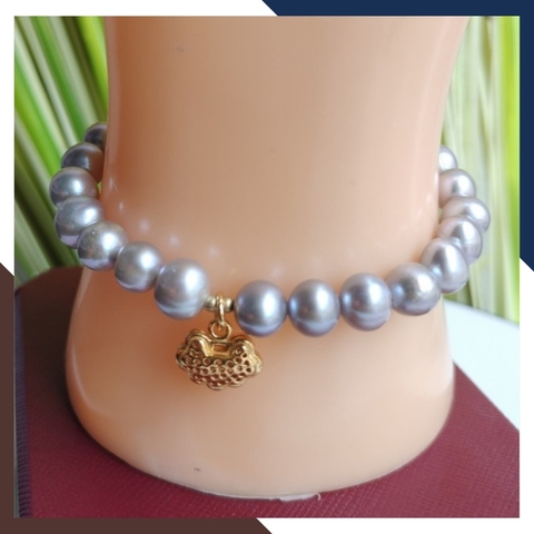 Vòng tay ngọc trai xám mix charm bạc mạ vàng, mẫu vòng tay ngọc trai đẹp cho nữ