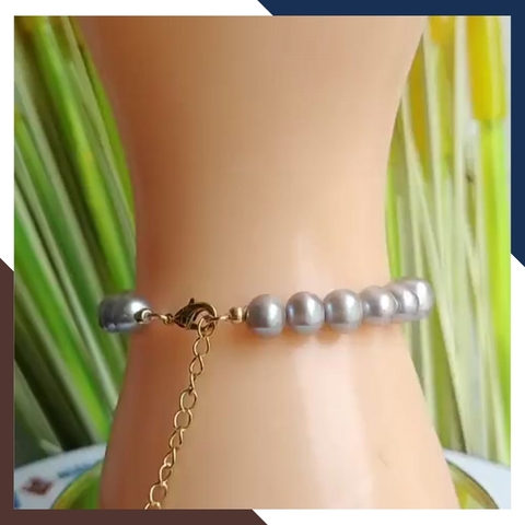 Vòng tay ngọc trai xám mix charm bạc mạ vàng, mẫu vòng tay ngọc trai đẹp cho nữ