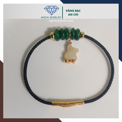 Vòng tay ngũ điếu cẩm thạch treo charm thỏ bạch ngọc bọc bạc mạ vàng