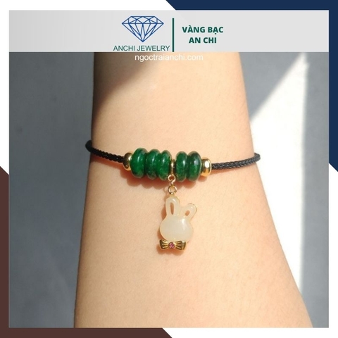 Vòng tay ngũ điếu cẩm thạch treo charm thỏ bạch ngọc bọc bạc mạ vàng