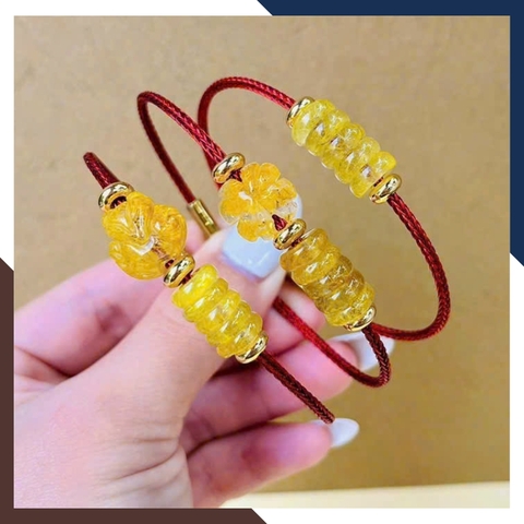 Vòng Tay Ngũ Điếu Thạch Anh Tóc Vàng VTDPT45 – Ngũ Phúc Lâm Môn Cho Nữ Mệnh Thổ