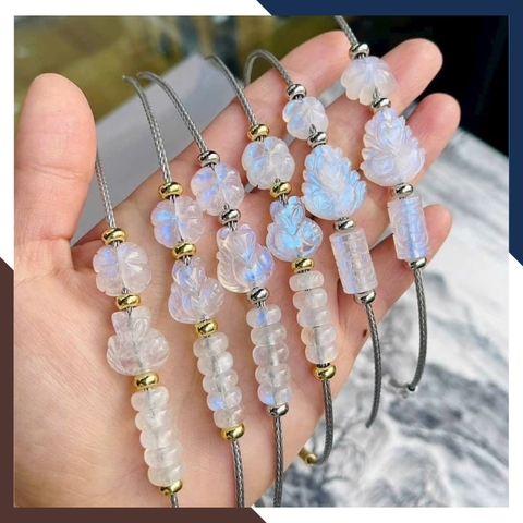 Vòng Tay Phúc Lộc Tình Duyên Đá Mặt Trăng Moonstone VTDPT48 – Gồm Hồ Ly, Cỏ 4 Lá, Ngũ Điếu, Lu Thống