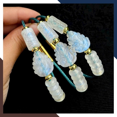 Vòng Tay Tam Lộc Đá Mặt Trăng Moonstone Gồm Hồ Ly, Ngũ Điếu & Lu Thống VTDPT50 – Gieo Duyên, Hút Lộc, Tăng Vận May
