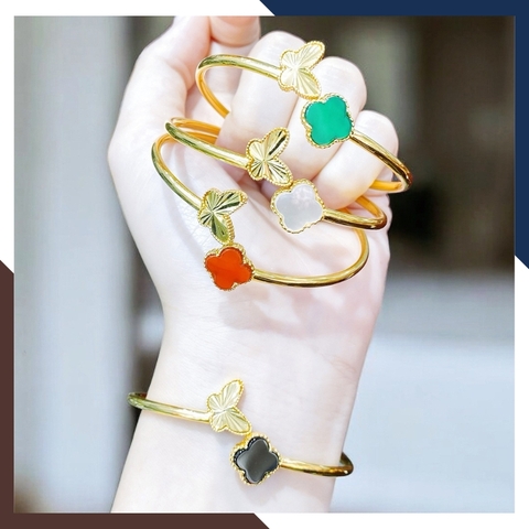 Vòng Tay Vàng Cỏ 4 Lá Đính Đá Mã Não Tự Nhiên Cho Nữ LTVN177 | Vàng Tây 10k