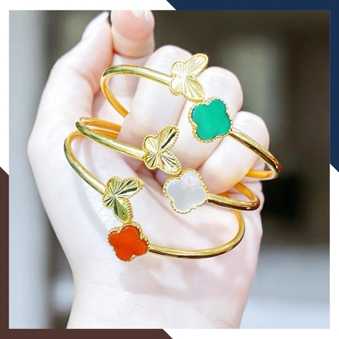 Vòng Tay Vàng Cỏ 4 Lá Đính Đá Mã Não Tự Nhiên Cho Nữ LTVN177 | Vàng Tây 10k