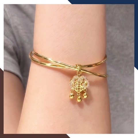 Vòng tay vàng nữ trơn LTVN217 – kiểu 2 vòng đôi phối khóa trường mệnh Bình an, thịnh vượng & trường thọ