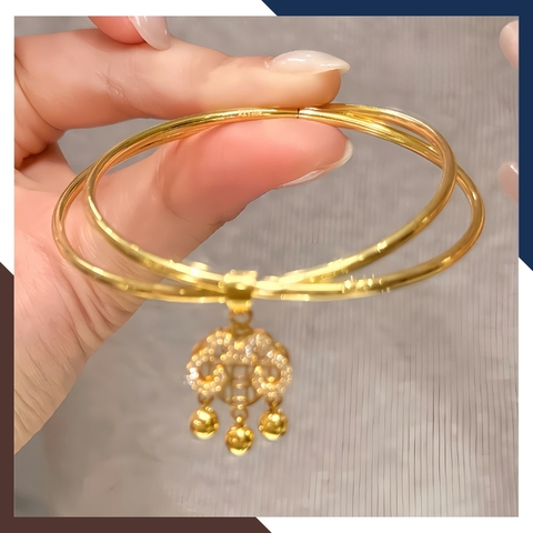 Vòng tay vàng nữ trơn LTVN217 – kiểu 2 vòng đôi phối khóa trường mệnh Bình an, thịnh vượng & trường thọ