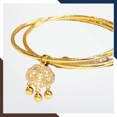 Vòng tay vàng nữ trơn LTVN217 – kiểu 2 vòng đôi phối khóa trường mệnh Bình an, thịnh vượng & trường thọ