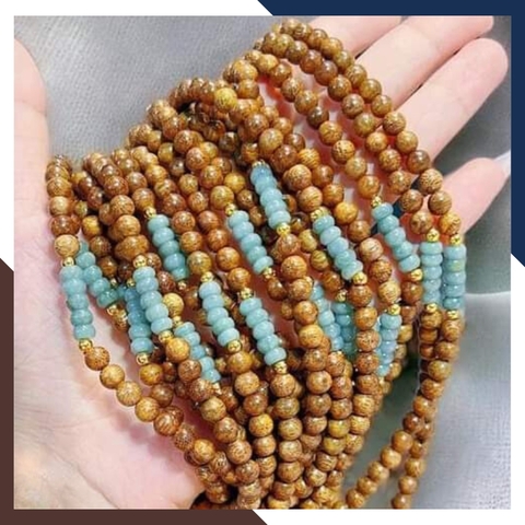 Vòng trầm hương 108 hạt mix đá lam ngọc, chuỗi trầm tốc vườn 6 ly cho nữ đẹp mã AC70