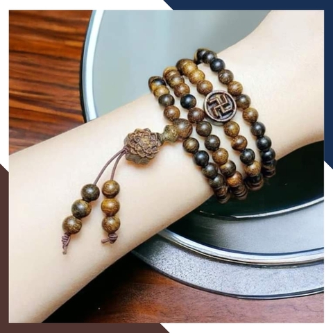 Vòng trầm hương tự nhiên 108 hạt, chuỗi trầm hương rừng indonesia mix charm hoa sen và chữ vạn mã AC0650