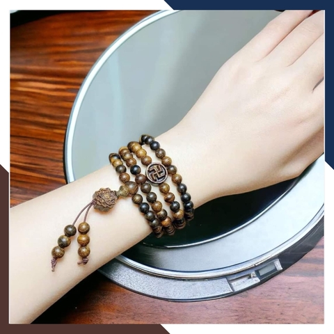Vòng trầm hương tự nhiên 108 hạt, chuỗi trầm hương rừng indonesia mix charm hoa sen và chữ vạn mã AC0650