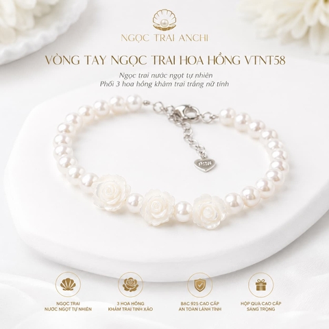 Vòng Tay Ngọc Trai VTNT59 Charm Cỏ 4 Lá Khảm Trai May Mắn Cho Nữ