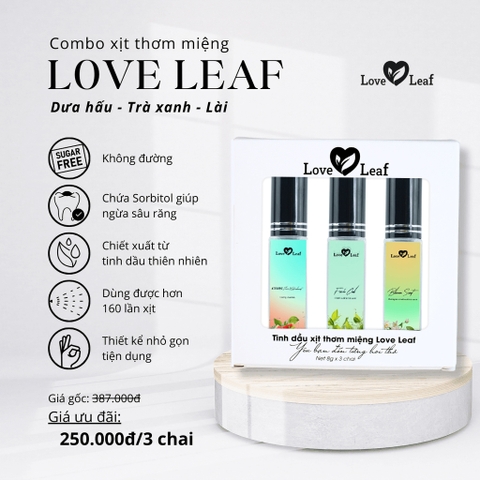 [Dưa Hấu-Trà Xanh-Lài] Combo 3 chai Xịt thơm miệng Love Leaf kháng khuẩn, thơm mát, hộp 3 chai