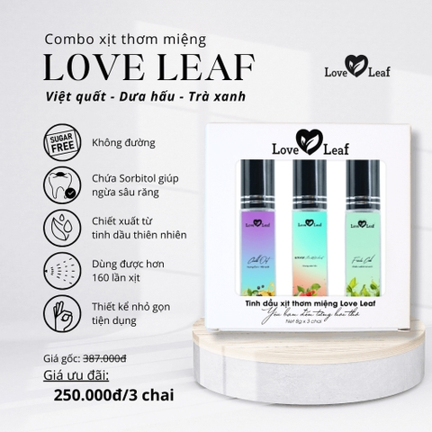 [Việt Quất-Dưa Hấu-Trà Xanh] Combo 3 chai Xịt thơm miệng Love Leaf thơm miệng tức thì, hộp 3 chai