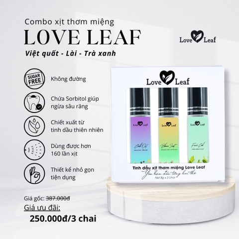 [Việt Quất-Lài-Trà Xanh] Combo 3 chai Xịt thơm miệng Love Leaf hỗ trợ khử mùi hôi miệng, hộp 3 chai