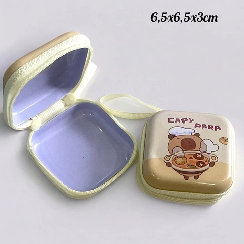 Hộp đựng tai nghe, phụ kiện khóa kéo 2 đầu họa tiết capybara 7*7*3cm