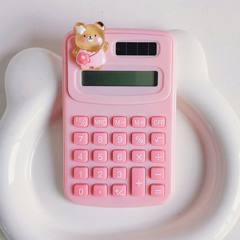 Máy tính cầm tay màu macaron gắn charm gấu bơ 10x6cm