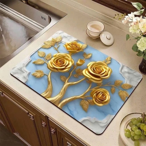 Miếng lót bàn ăn bằng bùn diatom họa tiết hoa 3D 30x40cm M1