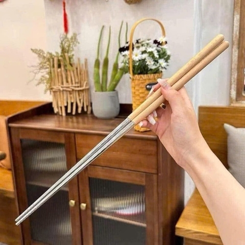 TB. Đôi đũa xào đầu inox 304 cán gỗ dài 40cm