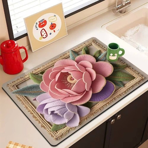 Miếng lót bàn ăn bằng bùn diatom họa tiết hoa 3D 30x40cm M2