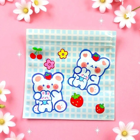 Sét 5 cái túi zip hoạt hình gấu thỏ kẻ caro dễ thương 13.5x13.5cm