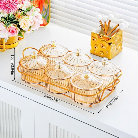 CT5. Bộ Khay 6 Hũ Đựng Mứt Tết Nhựa Màu Trà