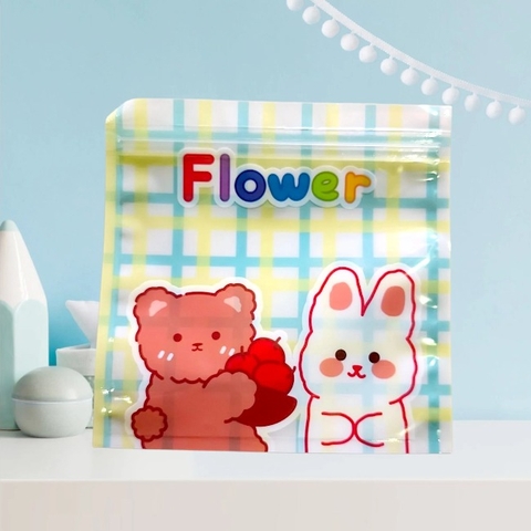 Sét 5 cái túi zip hoạt hình gấu thỏ kẻ caro dễ thương 13.5x13.5cm