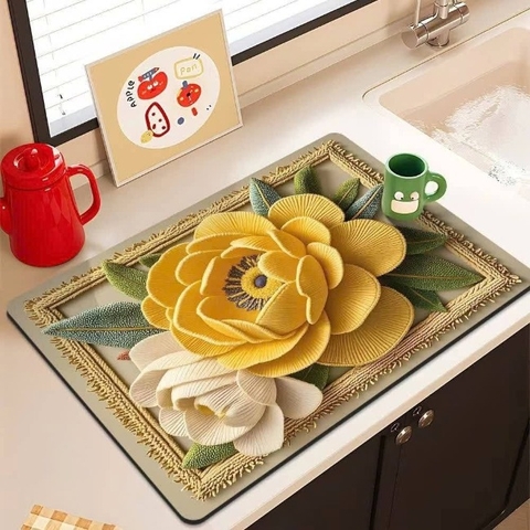 Miếng lót bàn ăn bằng bùn diatom họa tiết hoa 3D 30x40cm M2