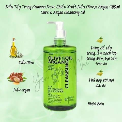 Dầu Tẩy Trang Kumano Deve Chiết Xuất Dầu Olive & Argan 500ml