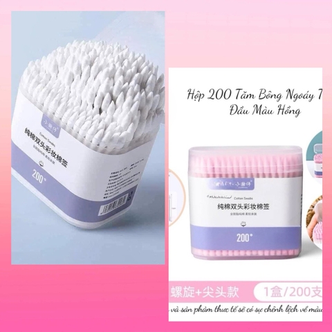 Hộp 200 Tăm Bông Ngoáy Tai 2 Đầu Màu Hồng
