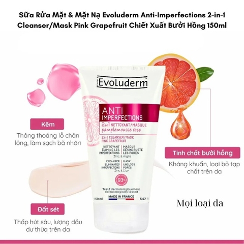 Sữa rửa mặt & mặt nạ ngừa mụn 2in1 chiết xuất Bưởi hồng Evoluderm 150ml