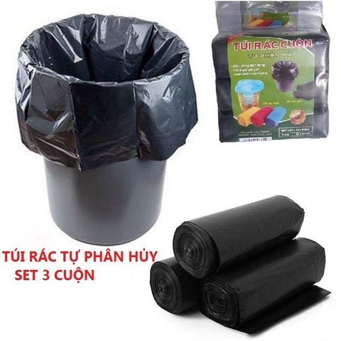 Sét 3 cuộn túi đựng rác trung tự phân hủy màu đen 55x65cm