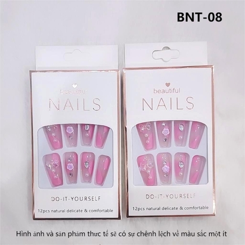 Bộ 12 móng tay giả đính hoa và đá Beautiful Nails LY-08 kèm keo dán