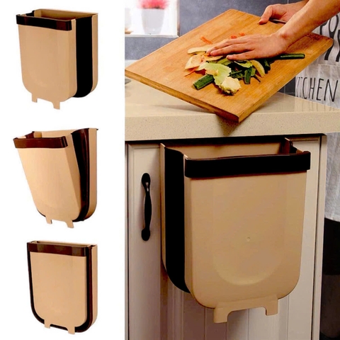 Thùng rác gấp gọn treo tủ đa năng màu cafe sữa 23cm