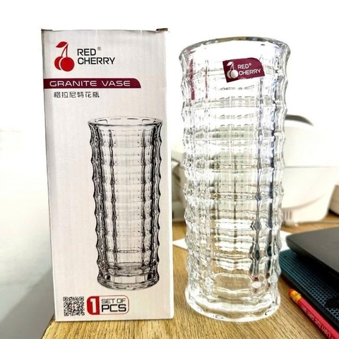 Bình/lọ hoa thuỷ tinh dáng trụ vân nổi (20x8cm)