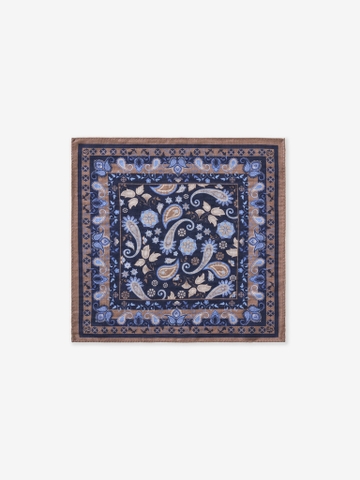 Navy/Taupe Boteh Wool Pocket Square