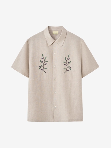 Embroidered Camp Collar Short Sleeves Shirt In Undyed Flax Olive Branch