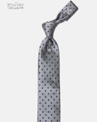 3-Fold Silk Tie In Metalic Grey Navy Polkadot