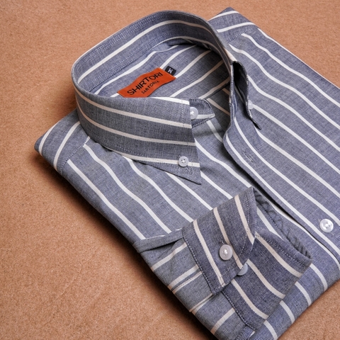 Greyish Blue Stripes Button Down Linen Cotton Shirt