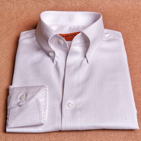 Beige Microcheck on White Button Down Cotton Shirt